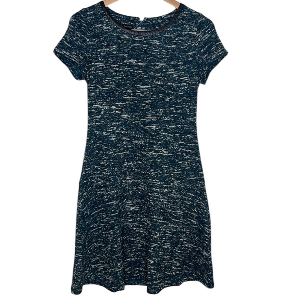 Talbots Blue Tweed Faux Leather Trim Fit Flare Dress Women Size 6